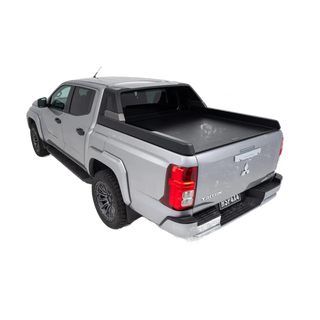 Silver pickup truck with a black tonneau cover on a white background – HSP Electric Roller Cover Mitsubishi Triton MV