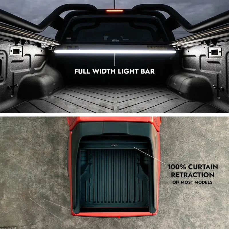 Top view of a vehicle's open cargo area with a full-width light bar and 100% curtain retraction on most models – HSP Electric Roller Cover Mitsubishi Triton MV