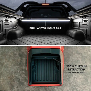 Top view of a vehicle's open cargo area with a full-width light bar and 100% curtain retraction on most models – HSP Electric Roller Cover Mitsubishi Triton MV