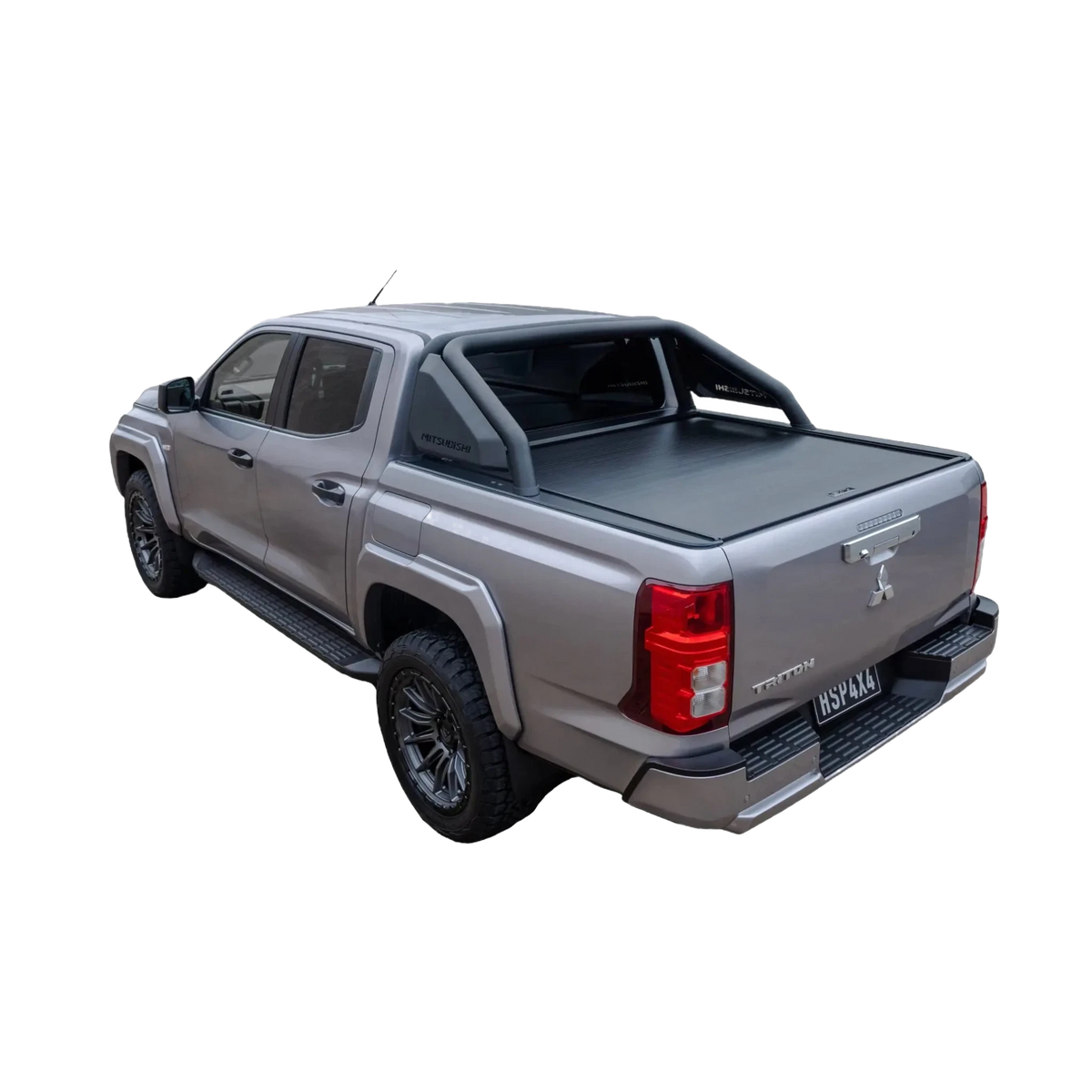 Gray pickup truck with a tonneau cover on a white background – HSP Electric Roller Cover Mitsubishi Triton MV