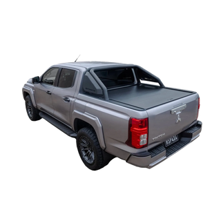 Gray pickup truck with a tonneau cover on a white background – HSP Electric Roller Cover Mitsubishi Triton MV