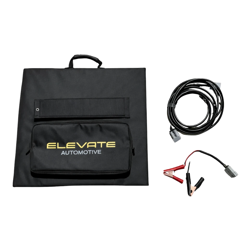 Foldable solar blanket with Elevate Automotive branding, shown with jump leads and cable – Elevate Automotive 200W 50V Solar Blanket