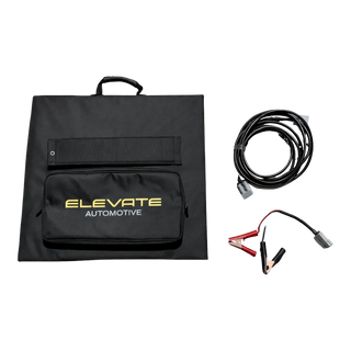 Foldable solar blanket with Elevate Automotive branding, shown with jump leads and cable – Elevate Automotive 200W 50V Solar Blanket
