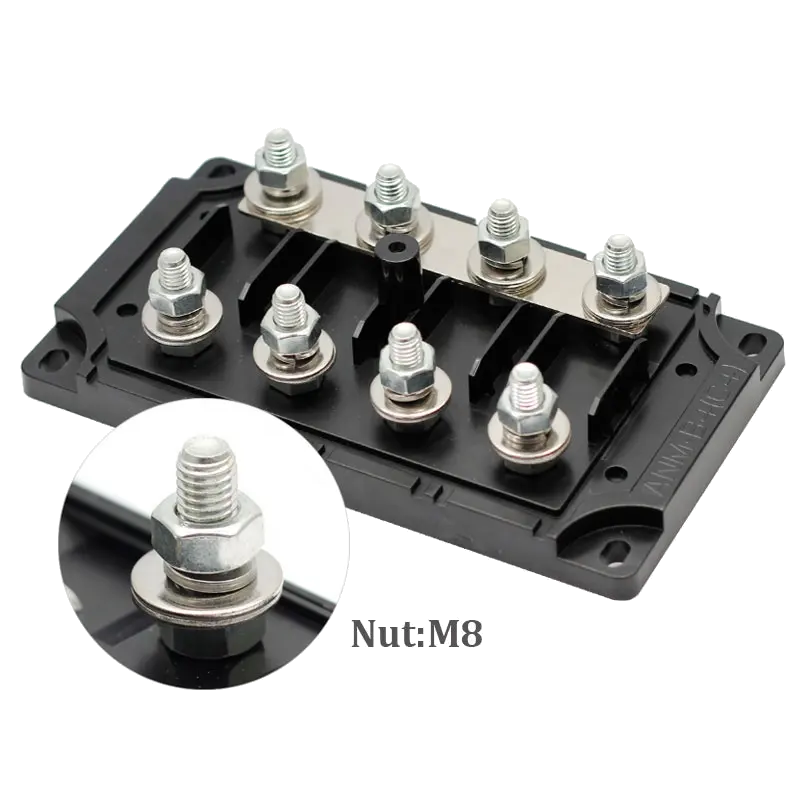 Four-bay mega fuse holder with the cover off, four fuse positions on a black moulded base with a brass link bar across the top and M8 studs at each terminal, and an inset close-up of one stud showing the M8 nut and washers