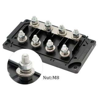 Four-bay mega fuse holder with the cover off, four fuse positions on a black moulded base with a brass link bar across the top and M8 studs at each terminal, and an inset close-up of one stud showing the M8 nut and washers
