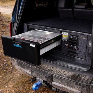 EvaKool 40L Platinum drawer fridge installed in the rear of a Toyota Prado drawer system