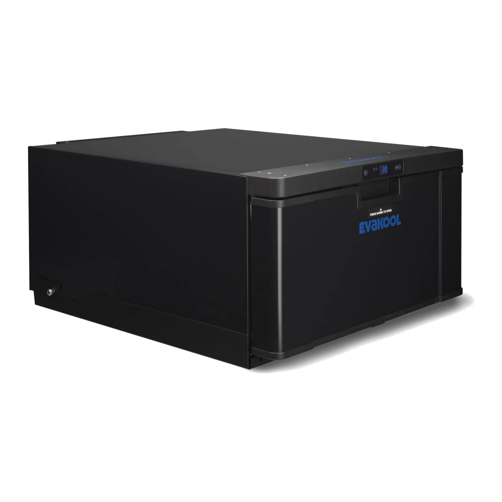 EvaKool 40L Platinum drawer fridge freezer (DC40-DRW-AU) with the drawer closed, black powder-coated case