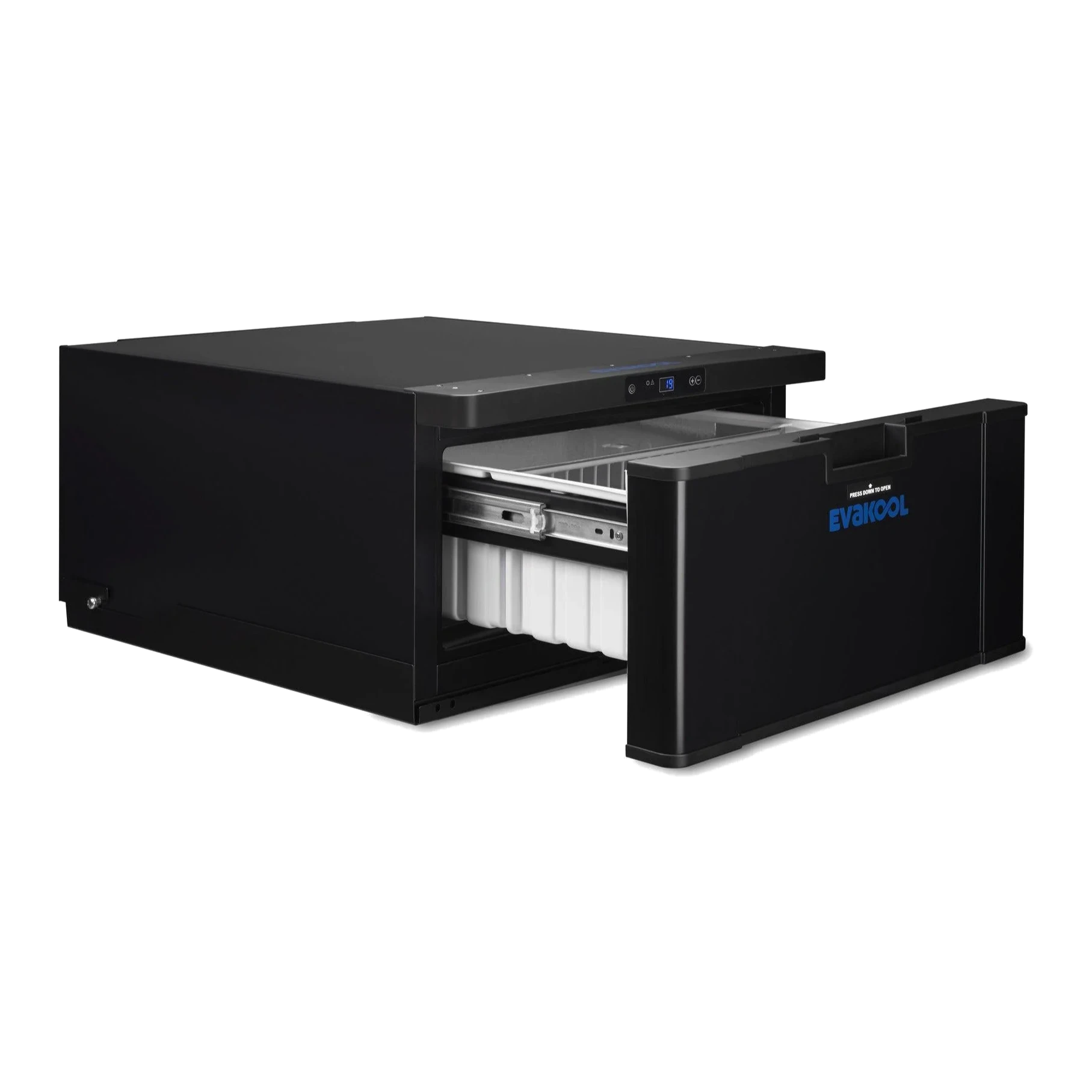 EvaKool 40L Platinum drawer fridge freezer with the drawer slid out on its runners