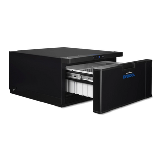 EvaKool 40L Platinum drawer fridge freezer with the drawer slid out on its runners