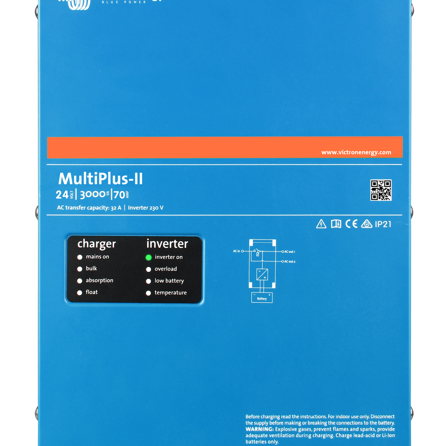 Victron MultiPlus-II 24/3000/70 front view, marked with a 32 A AC transfer capacity