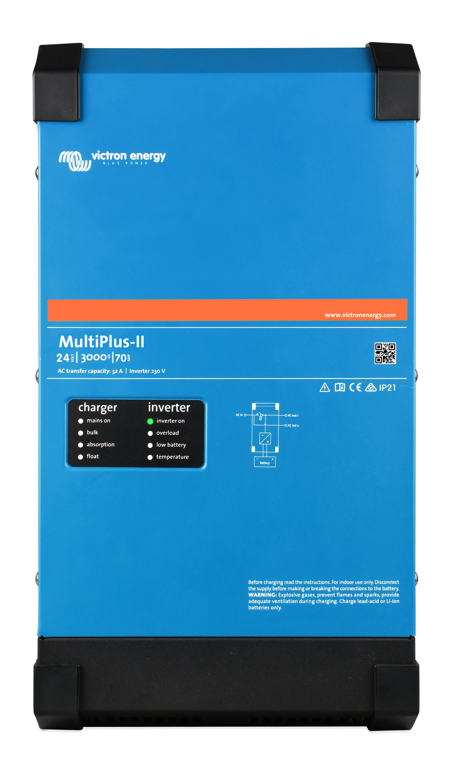 Victron MultiPlus-II 24/3000/70 front view, marked with a 32 A AC transfer capacity