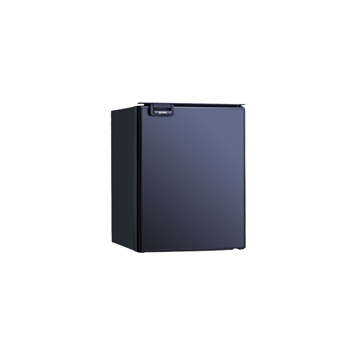 A matte black Bushman 85L Caravan Fridge / Freezer with a visible brand sticker on the front.