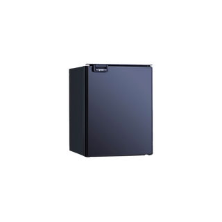A matte black Bushman 85L Caravan Fridge / Freezer with a visible brand sticker on the front.