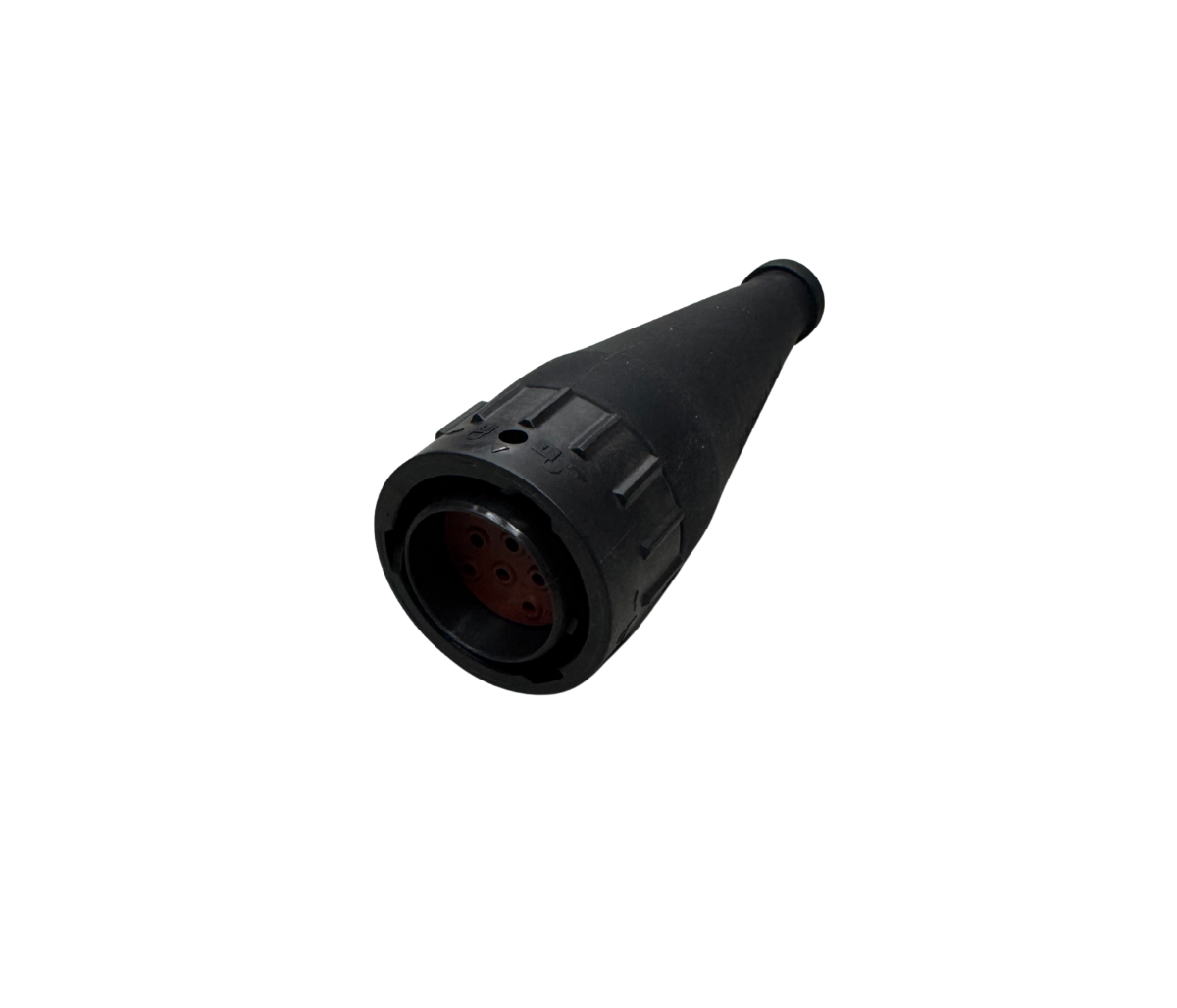 Black moulded rubber boot for an eight-pin female plug, the tapered body opening to the socket face where the red insert and its cavities show