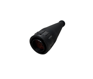 Black moulded rubber boot for an eight-pin female plug, the tapered body opening to the socket face where the red insert and its cavities show