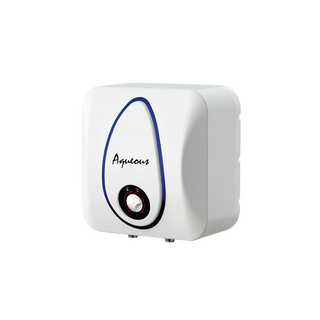 Aqueous water heater at a three-quarter angle, a white moulded cabinet with a blue teardrop outline around the Aqueous name and a round temperature dial below it, with the inlet and outlet spigots beneath