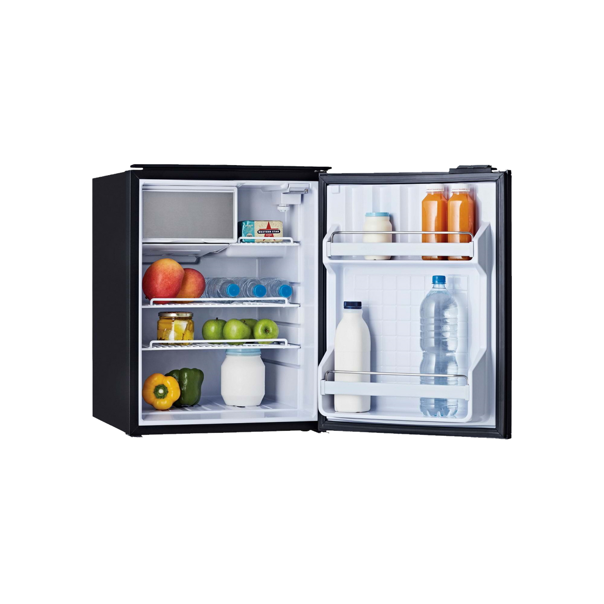 Bushman DC85-X with the door fully open, showing the internal freezer, adjustable wire shelves, crisper drawer and deep door balconies holding milk and bottles