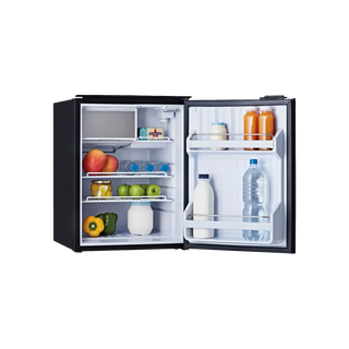 Bushman DC85-X with the door fully open, showing the internal freezer, adjustable wire shelves, crisper drawer and deep door balconies holding milk and bottles