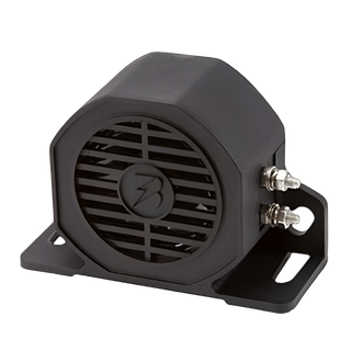 Twin mount reversing alarm, an octagonal black housing with a louvred speaker grille, mounting feet at both ends and two stainless terminal studs on the side bracket