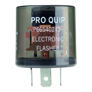 24V 3 pin flasher relay with DIN 72552 pin layout and 6.3mm blade terminals, front angle on transparent background