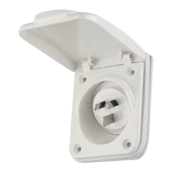 Flush Socket Inlet 15A 240V IP54 White with weather-resistant cover for caravans and RVs.
