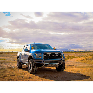 Ford F-150 Raptor (2017-2020) Grille Kit – blue Ford truck on a desert road with a cloudy sky
