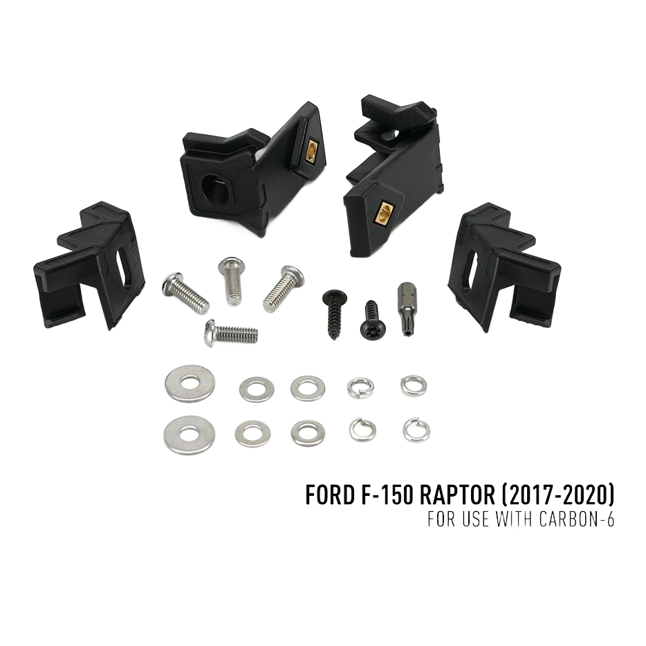 Ford F-150 Raptor (2017-2020) Grille Kit – set of black plastic brackets and metal bolts on a white background with text indicating compatibility for Ford F-150 Raptor.