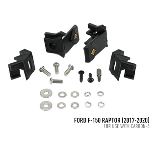 Ford F-150 Raptor (2017-2020) Grille Kit – set of black plastic brackets and metal bolts on a white background with text indicating compatibility for Ford F-150 Raptor.
