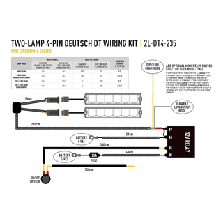 Two-lamp 4-pin Deutsch DT wiring kit diagram with specifications and connections.