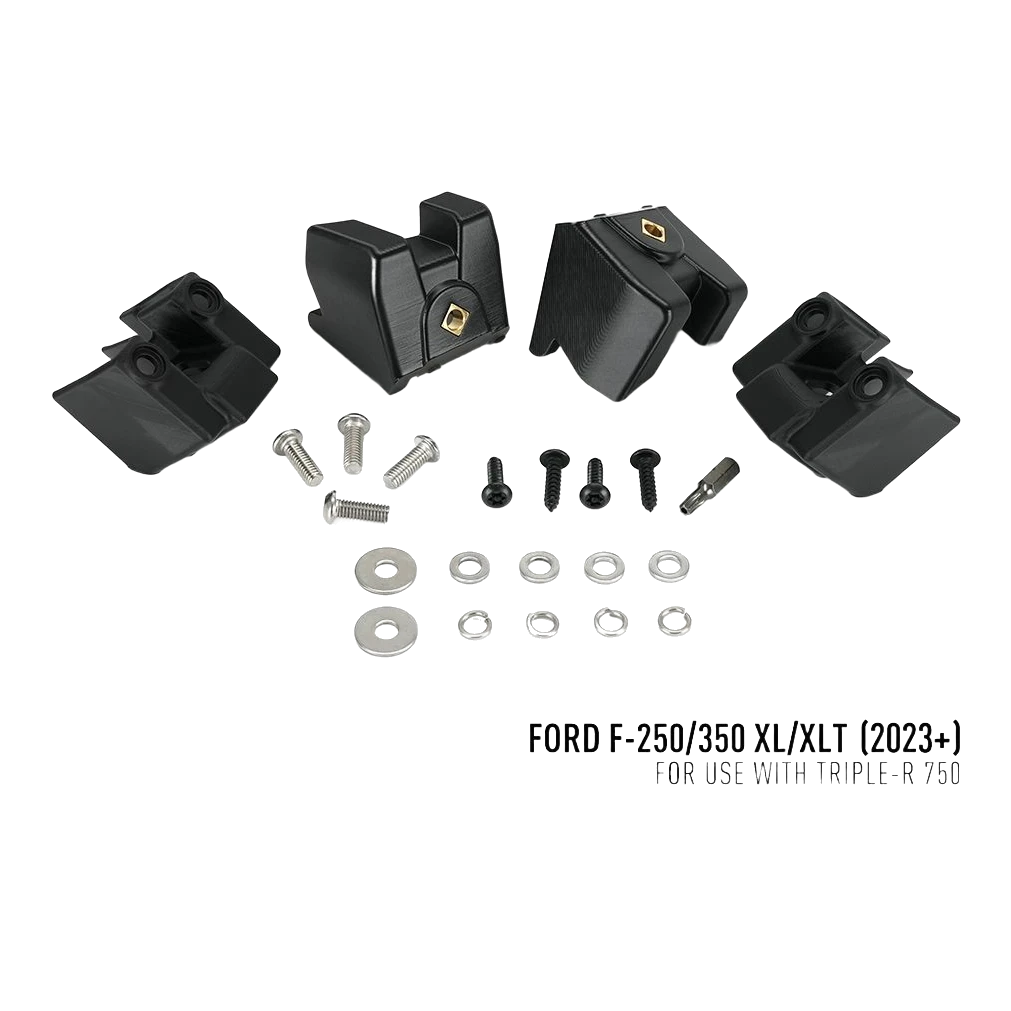 Ford F-250 & F-350 XL/XLT (2023+) Grille Kit – set of black mechanical components and screws on a white background with Ford model information.