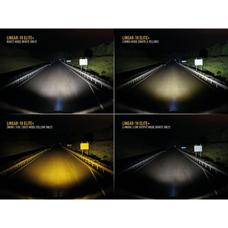 Four different views of a road illuminated by a vehicle's headlights in various modes.