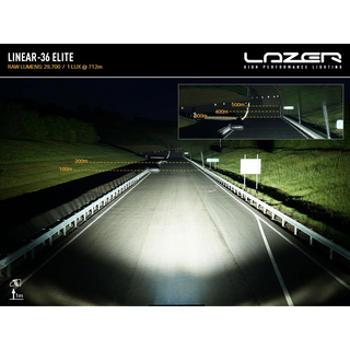Highway at night with illuminated road and Lazer lighting system branding.