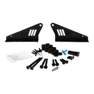 Set of black metal brackets and screws on a white background