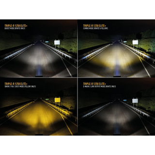 Comparison of different Triple-R 1250 Elite+ headlights on a dark road.
