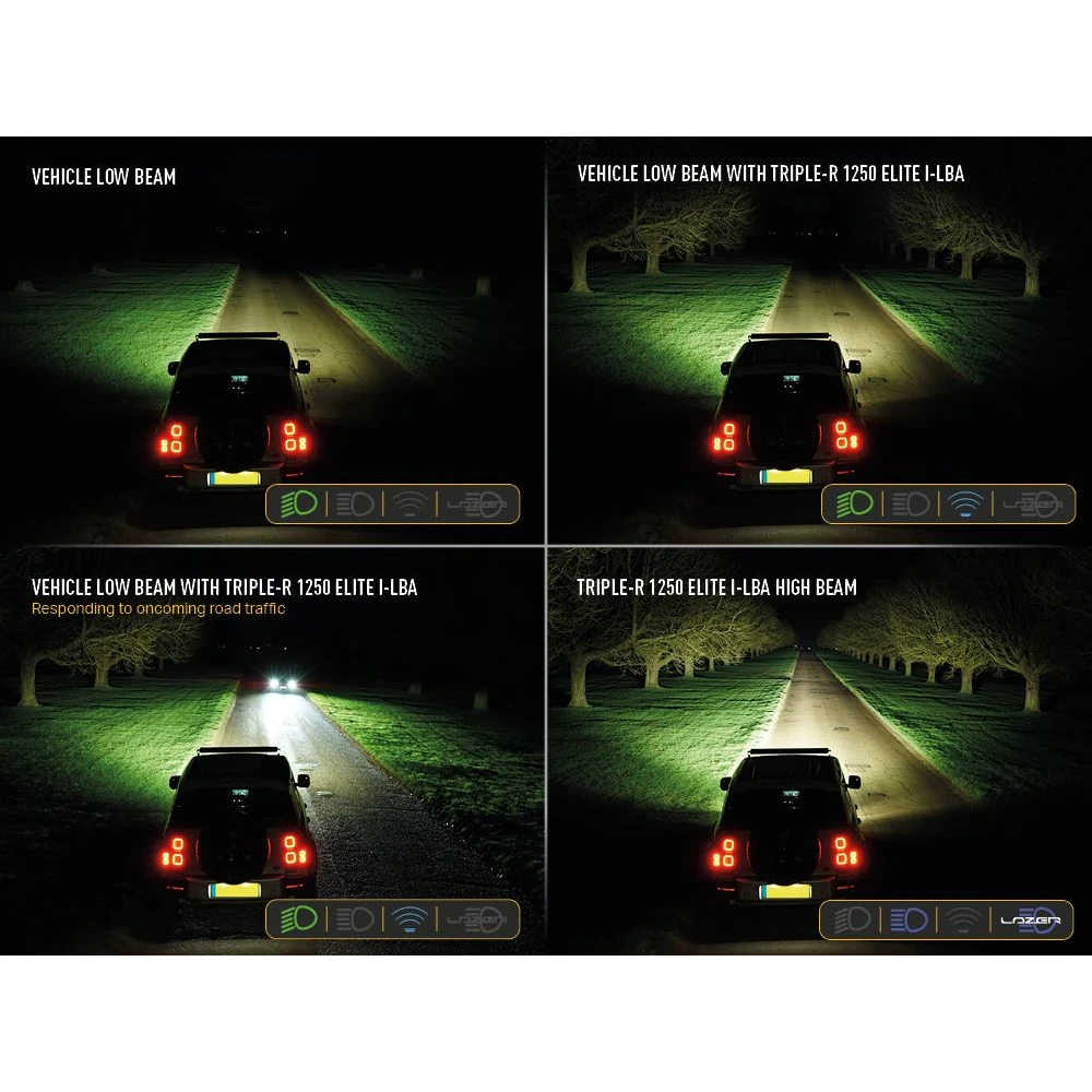 Comparison of vehicle headlights on a dark road with different light settings.