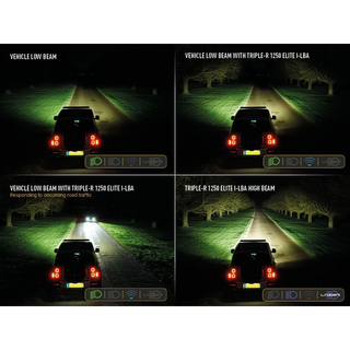 Comparison of vehicle headlights on a dark road with different light settings.
