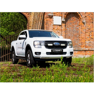 White Ford Lazer truck parked in front of a brick wall with greenery.