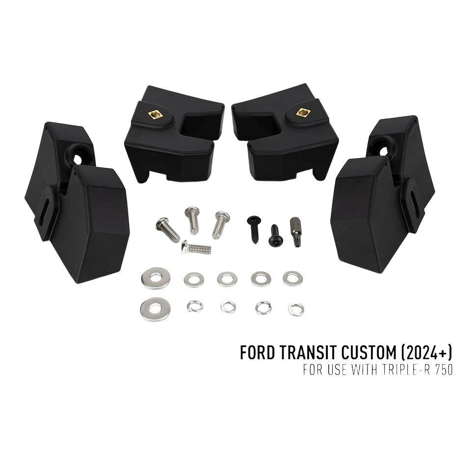 Ford Transit Custom (2024+) Grille Kit – black grille mount components with screws and washers, labelled for Ford Transit Custom.