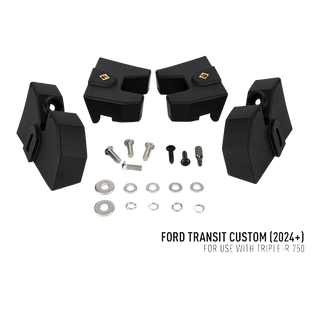 Ford Transit Custom (2024+) Grille Kit – black grille mount components with screws and washers, labelled for Ford Transit Custom.