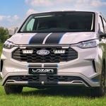 White Ford Transit van with black and blue stripes on a grassy field