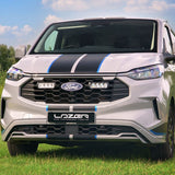 White Ford Transit van with black and blue stripes on a grassy field