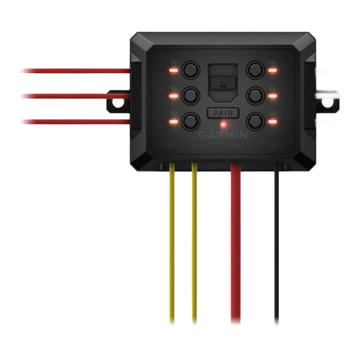 Garmin PowerSwitch app screen showing custom virtual switch panel with dim and strobe controls