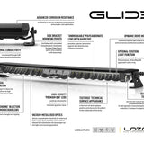 Technical specifications of a GLIDE light bar with branding and text on a white background