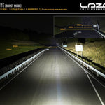 High-performance lighting system demonstration on a road at night with Lazer branding.