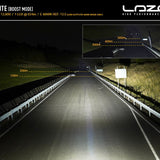 High-performance lighting system demonstration on a road at night with Lazer branding.
