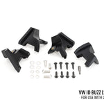 Set of black plastic components and screws on a white background with text indicating compatibility for VW ID Buzz.
