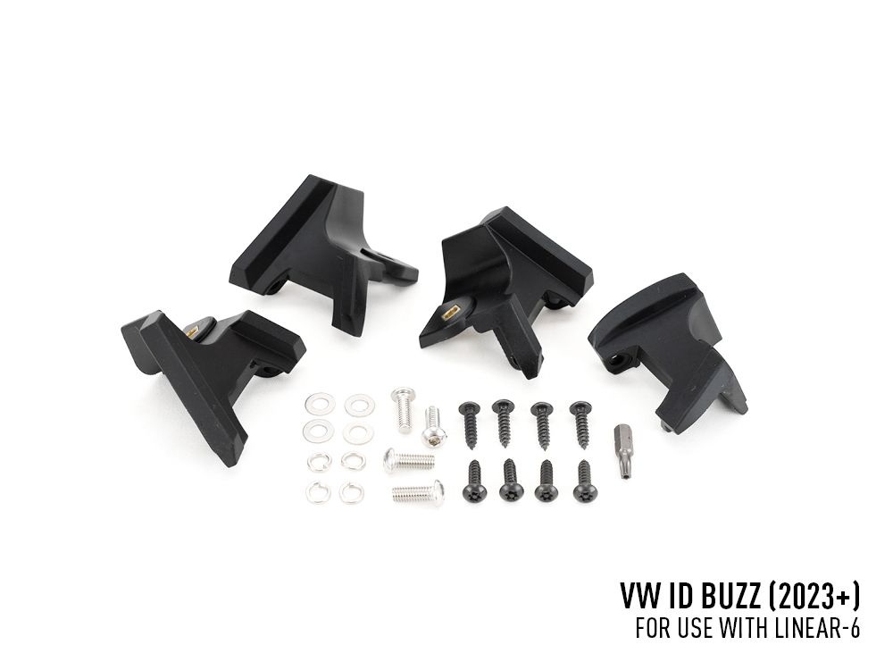 Set of black plastic components and screws on a white background with text indicating compatibility for VW ID Buzz.