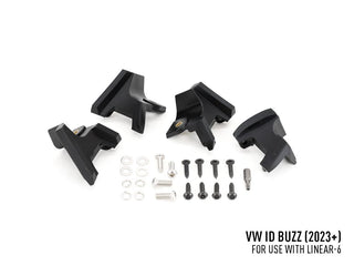 Set of black plastic components and screws on a white background with text indicating compatibility for VW ID Buzz.