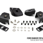 Black automotive parts and hardware kit for Ford Ranger (2016-2018) on a white background