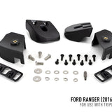 Black automotive parts and hardware kit for Ford Ranger (2016-2018) on a white background